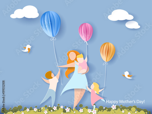 Beautiful women with her children. Happy mothers day card. Paper cut style. Vector illustration
