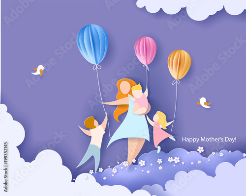 Beautiful women with her children. Happy mothers day card. Paper cut style. Vector illustration