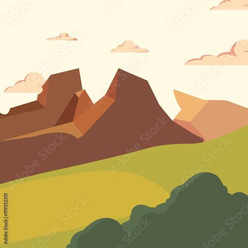 Landscape with rocky mountains and bush  colorful design. vector illustration