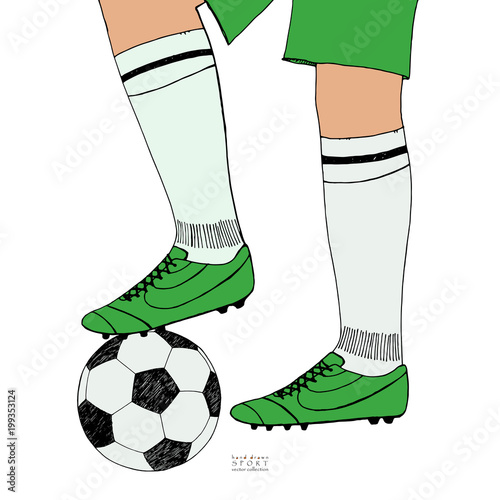 Soccer ball under player feet on white background. Hand drawn color sketch. Sport collection color vector illustration