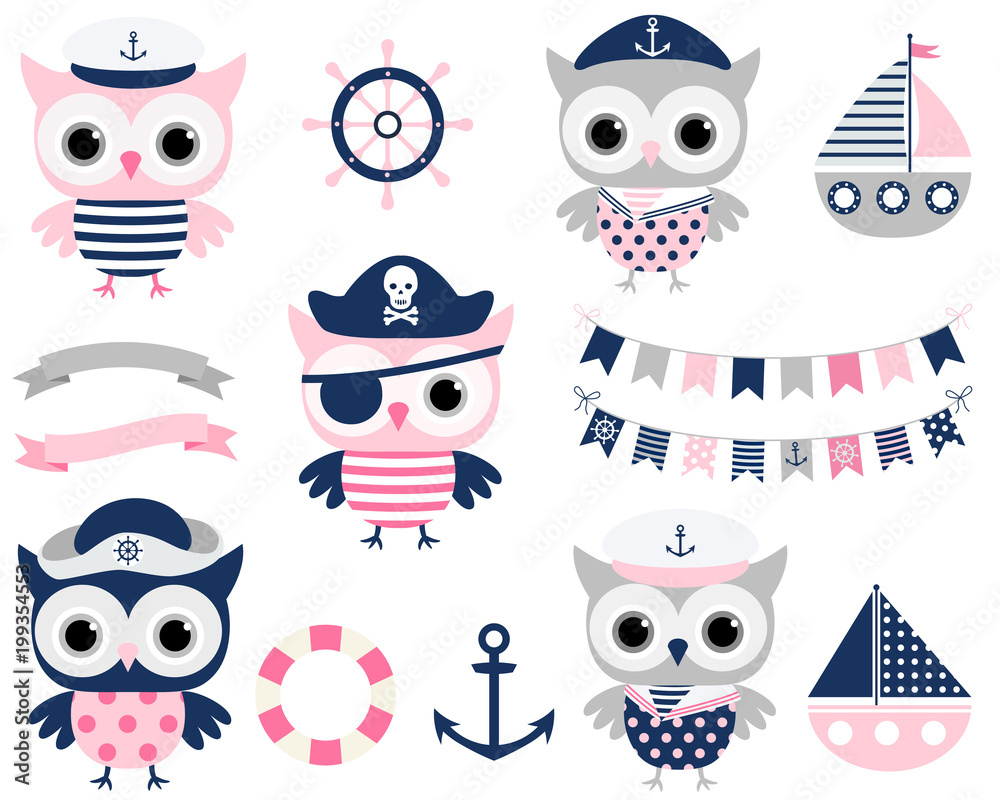 Cute vector pirate sailor owl birds and sailing party design elements in blue, pink and grey colors - boats, helms and buntings for summer, ocean and nautical themed birthdays for girls and boys Cute vector pirate sailor owl birds and sailing party design elements in blue, pink and grey colors - boats, helms and buntings for summer, ocean and nautical themed birthdays for girls and boys