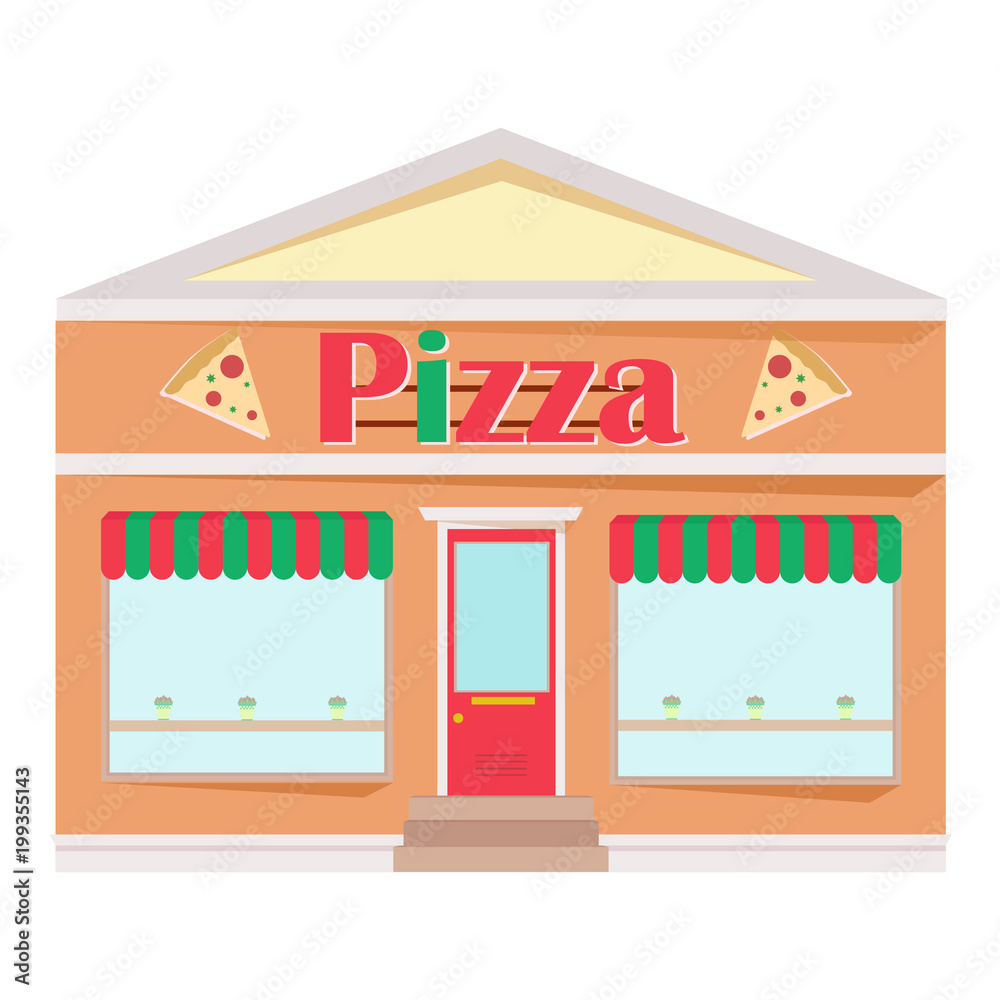 Pizza restaurant facade. Front view of fast food restaurant in flat style. Vector illustration. Pizza restaurant facade. Front view of fast food restaurant in flat style. Vector illustration.