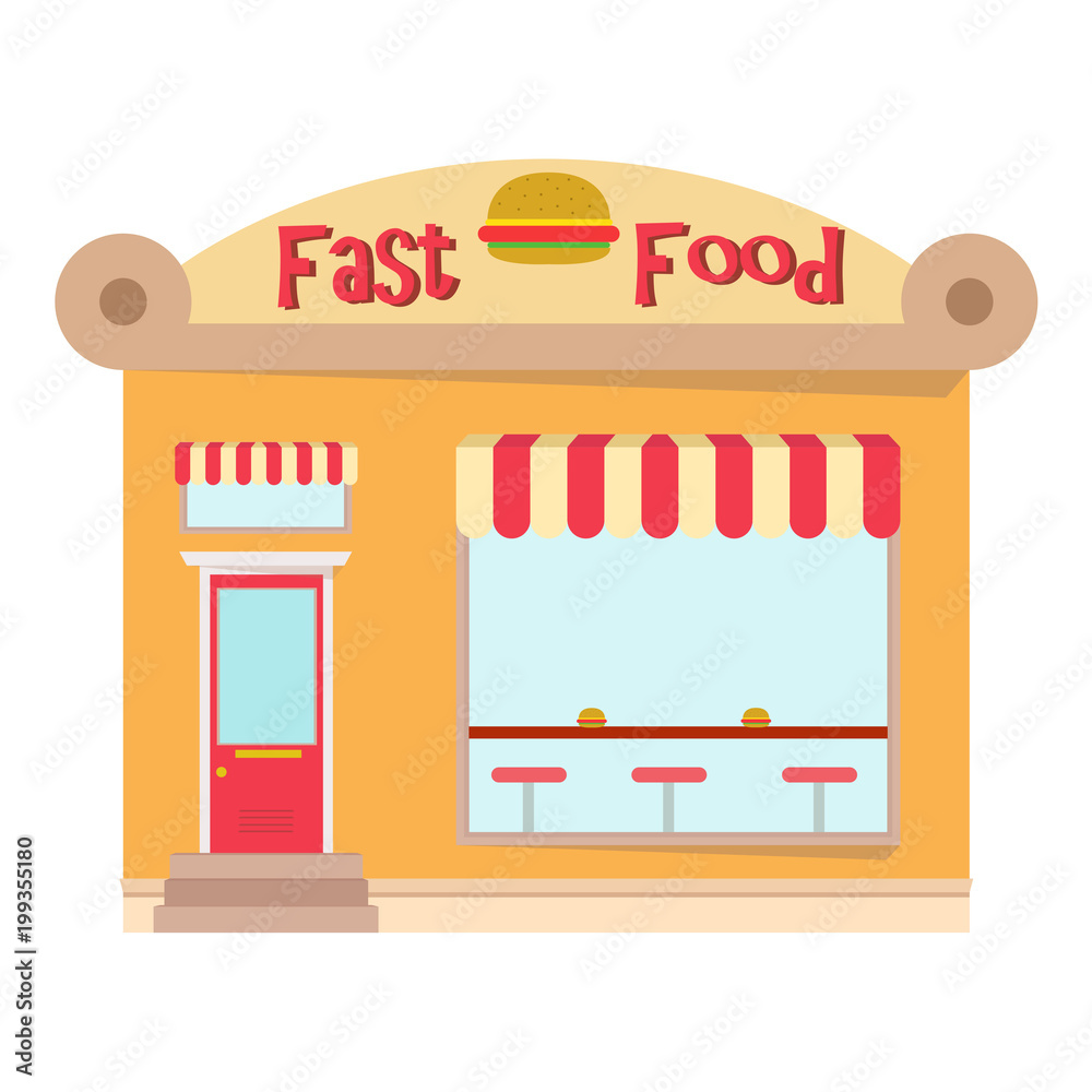 Fast food restaurant facade. Front view of fast food restaurant in flat style. Vector illustration.