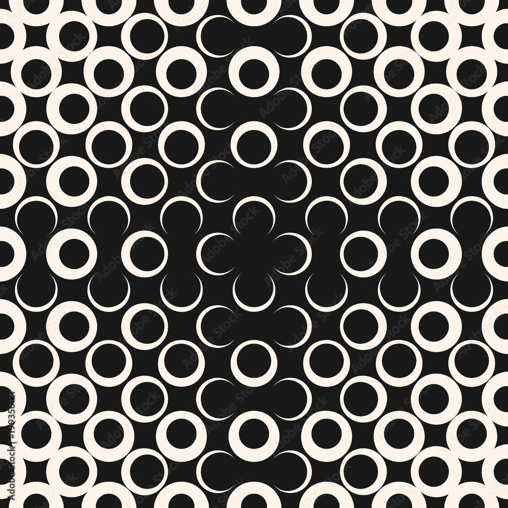 Vector geometric halftone seamless pattern with circles, dots, crossing shapes. Abstract texture in black and white colors. Gradient transition effect. Optical illusion. Trendy modern background 
