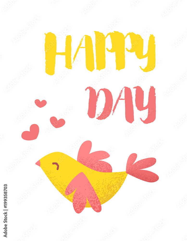 Happy Day card with cute bird and hearts on white background. Flat style. Vector illustration.