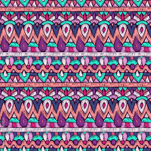 Fabric pattern. Tribal ornament. Ethnic style. Embroidery effect illustration. Aztec. Boho. Mexican fabric. Brazilian textile. Vector pattern for fashion design, interior or printed products.