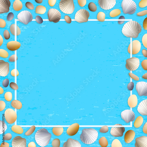 Shells frame. Blue grunge background. Stones and seashells vector. Summer illustration. Ocean or sea poster. Travel illustration. Tropical beach vacation.