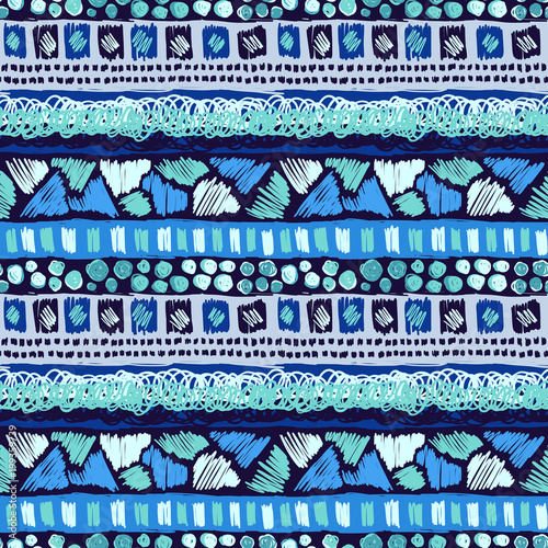 Fabric pattern. Tribal ornament. Ethnic style. Embroidery effect illustration. Aztec. Boho. Mexican fabric. Brazilian textile. Vector pattern for fashion design, interior or printed products.