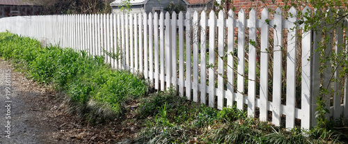 Perspective view of white picket fence.