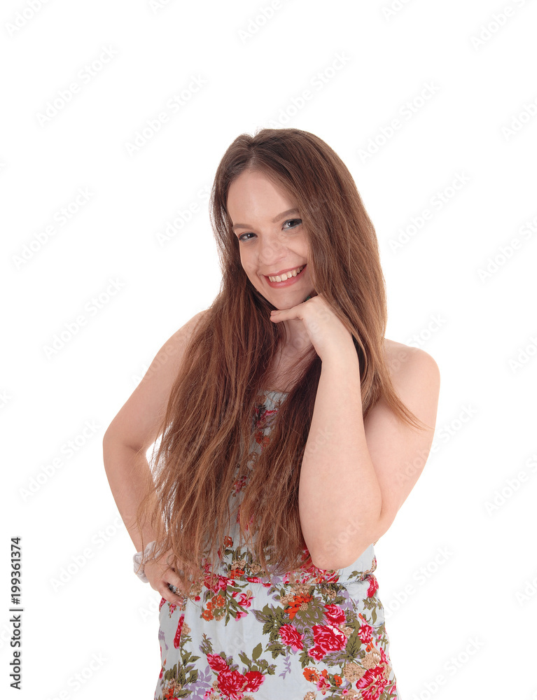 Smiling woman in a colorful dress Smiling woman in a colorful dress