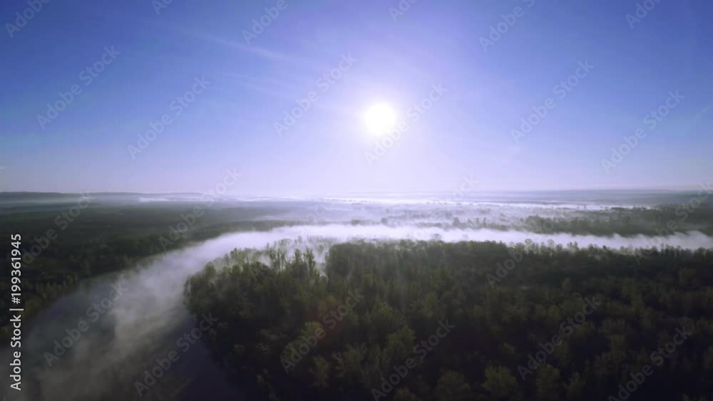 Aerial view for misty river at dawn, spans the river through the trees in the fog Aerial view for misty river at dawn, spans the river through the trees in the fog