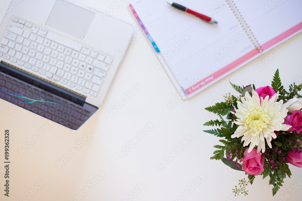 White Desktop with Pink Flowers and Calendar White Desktop with Pink Flowers and Calendar