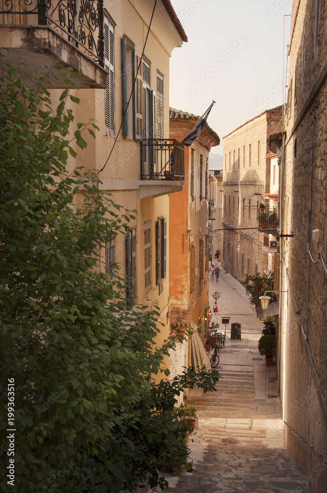 Narrow street of the old part of Nafplio town in Greece