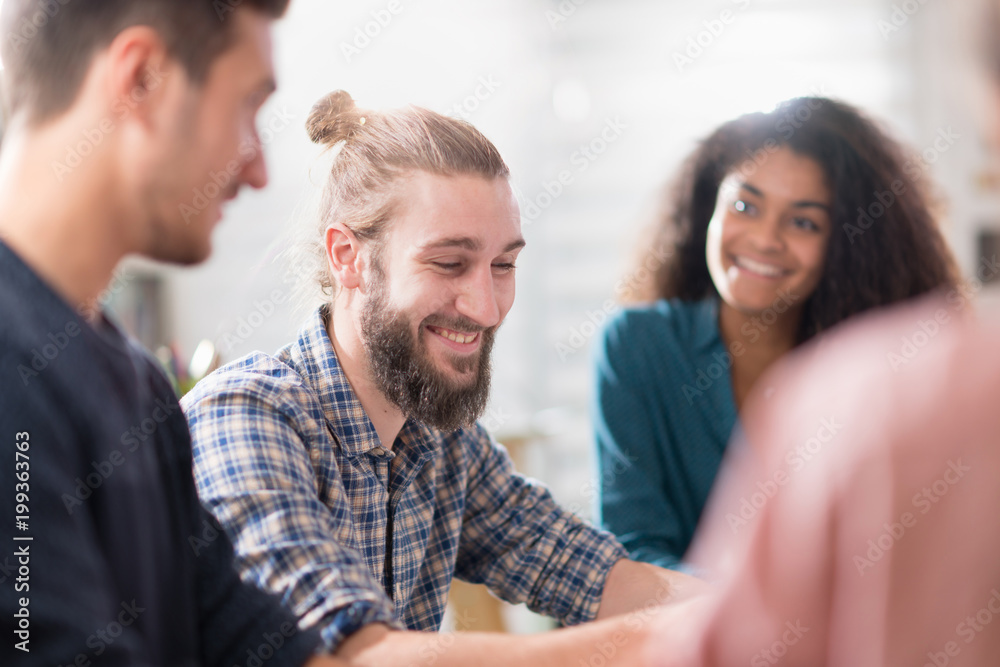 Meeting at the startup office . working group meets to study project Meeting at the startup office . working group meets to study project