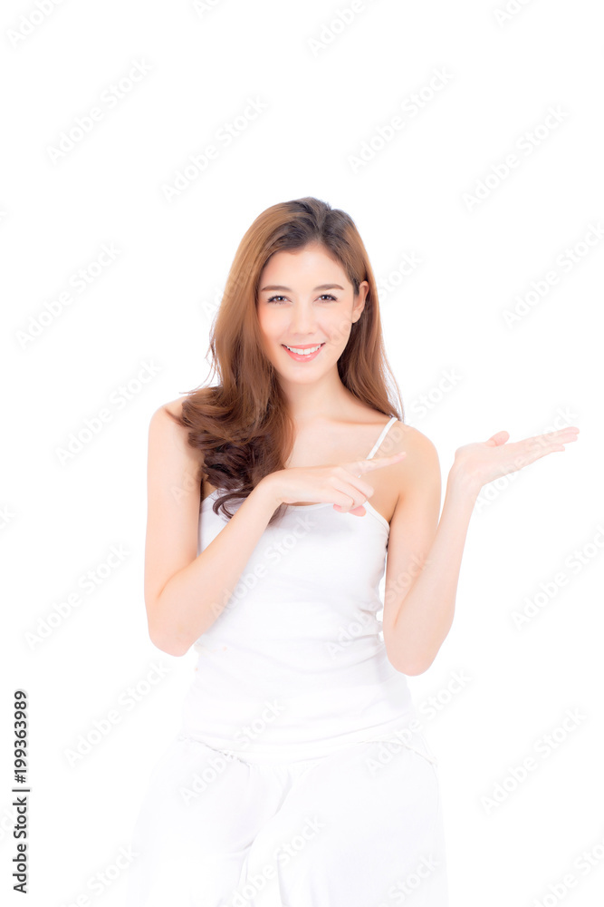 Asian beautiful young woman showing with healthy clean skin presenting something empty copy space on the hand isolated on white background, beauty concept. Asian beautiful young woman showing with healthy clean skin presenting something empty copy space on the hand isolated on white background, beauty concept.