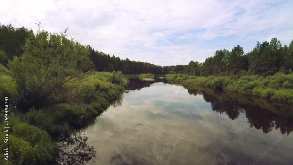 Foret river day, reflection on the water, cloud sky - Aerial view Foret river day, reflection on the water, cloud sky - Aerial view