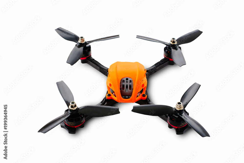 The beginning of the racing drone assembly. Durable frame of an unmanned aerial vehicle, made of carbon fiber and 3d printing, isolated on a white background The beginning of the racing drone assembly. Durable frame of an unmanned aerial vehicle, made of carbon fiber and 3d printing, isolated on a white background