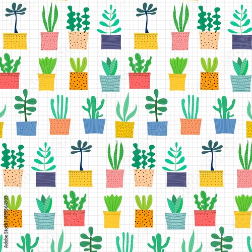Hand Drawn Tropical Cactus Pattern. Vector Illustration Background.