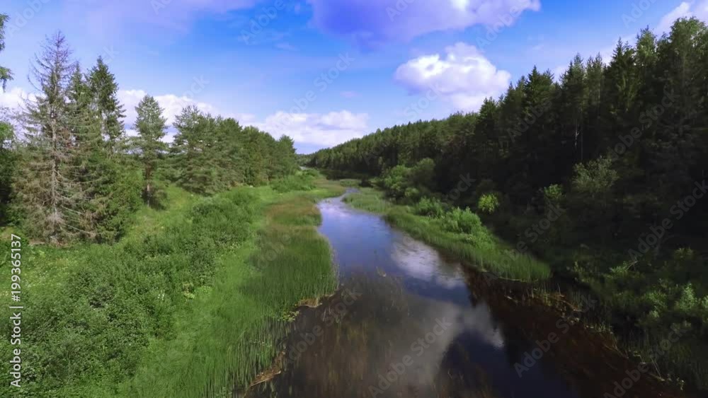 Foret river day, reflection on the water, cloud sky - Aerial view Foret river day, reflection on the water, cloud sky - Aerial view