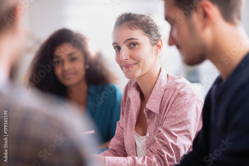 Meeting at college . A working multiethnic students group