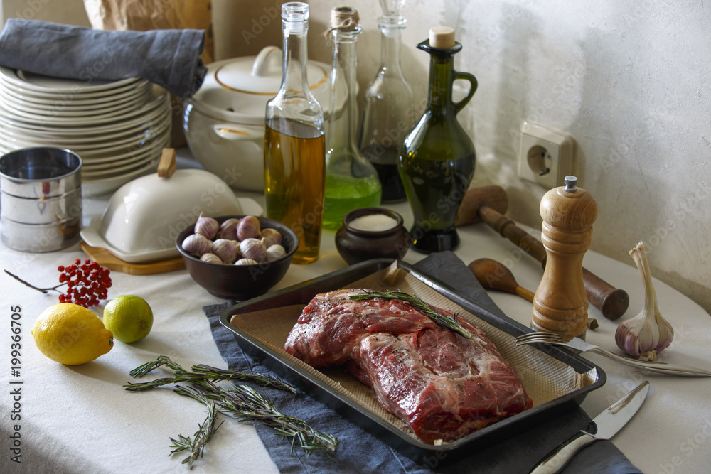 Meat for baking on the kitchen table. Meat for baking on the kitchen table.