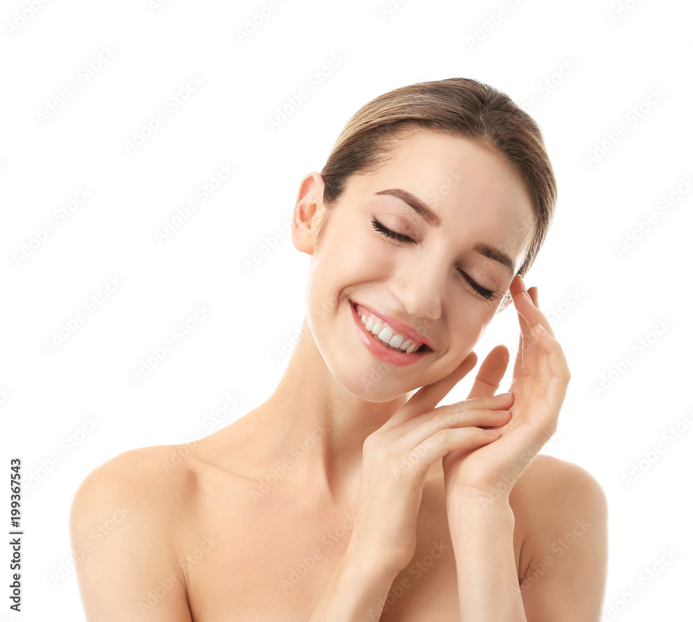 Beautiful young woman with silky skin on white background Beautiful young woman with silky skin on white background