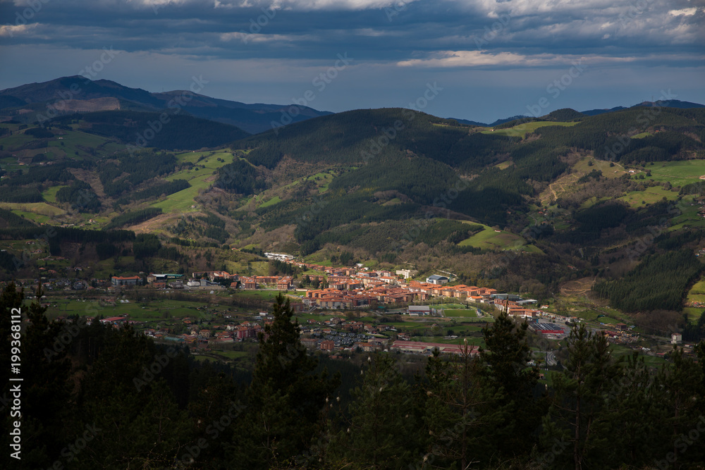 Obraz premium Typical Basque landscape seen from the mountain, Zalla, Spain