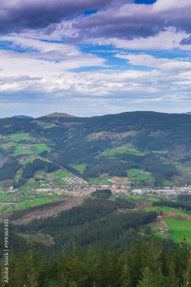 Typical Basque landscape seen from the mountain, Zalla, Spain