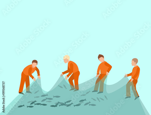 Fishing fishermen vector catches fish fisher threw rod into water catch and spin, man pulls net out of the river character vector illustration