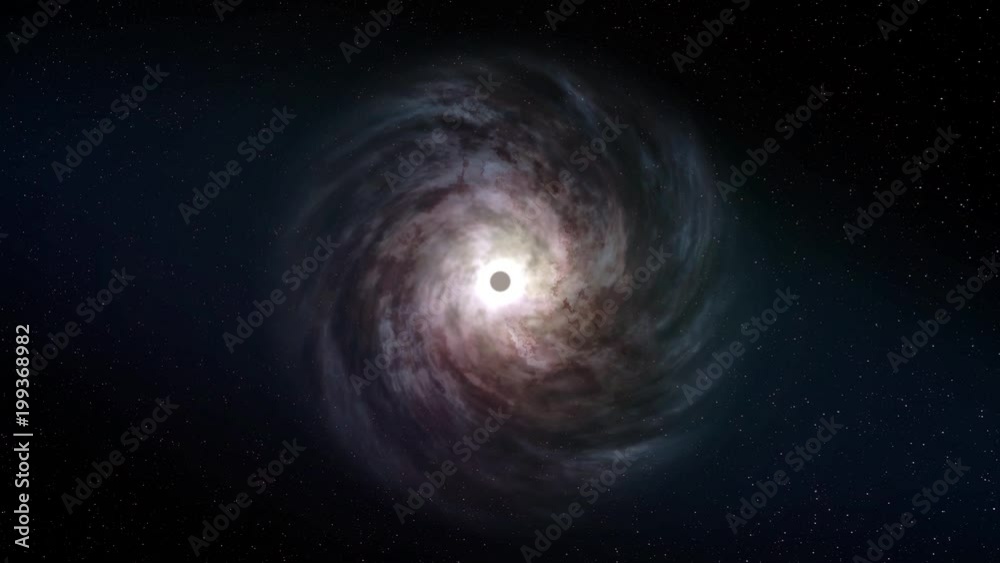 A top down bird's eye view of a rotating spiral galaxy in deep space with a black hole in the center. Looping.  	