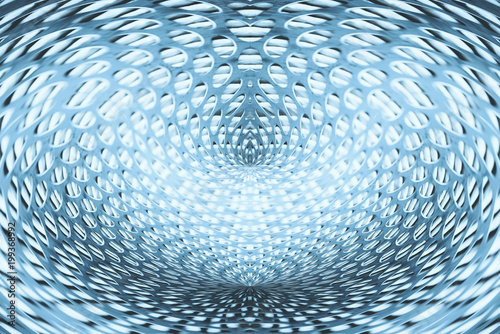 Spherical warp of space. Fantastic background image of wormhole of blue color in center of shot.