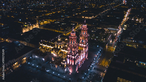 aerial of the cathedral of morelia at night photo