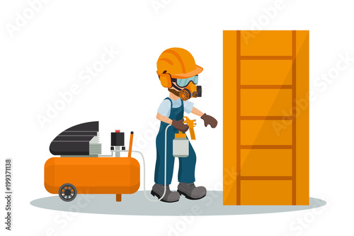 Male carpenter painting a wooden door with a paint gun and a compressor with industrial safety equipment. Vector illustration