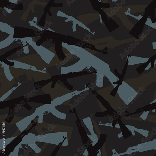 Seamless dark blue and brown assault rifle AK 47 military camouflage pattern vector