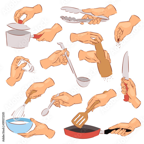 Cooking hands vector chef preparing food on frying pan using kitchenware or cookware illustration set of hand with bowl or knife isolated on white background