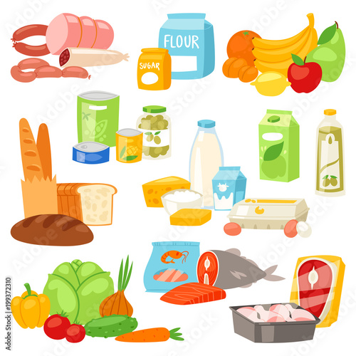 Food vector meal assortment vegetables or fruits and fish or sausages from supermarket or grocery illustration set of pastry and milk or seafood products and isolated on white background
