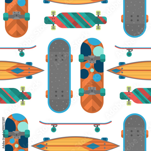 Skateboard items fingerboard seamless pattern background vector sport equipment skating transportation decorative speed freestyle leisure.