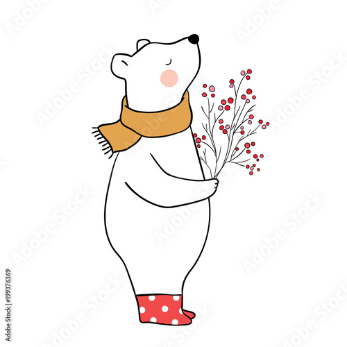 Cute draw vector illustration background character design big bear stand in leaves fall autumn season and beauty scarf Doodle cartoon style