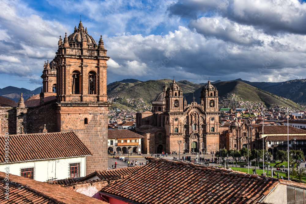 Panoramic view of the Plaza de Armas, Cathedral and Compania de Jesus Church in Cusco, Peru
