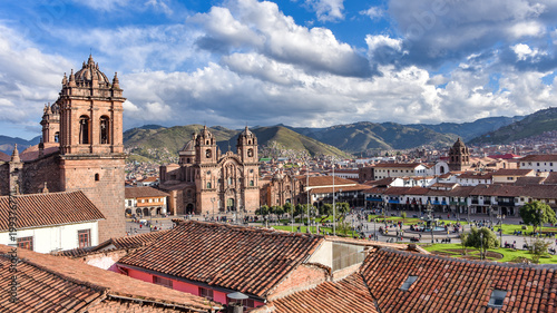 Panoramic view of the Plaza de Armas, Cathedral and Compania de Jesus Church in Cusco, Peru