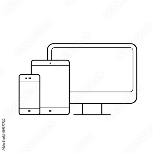 Computer monitor, tablet, phone devices vector line icon isolated on white background. Devices line icon for infographic, website or app. Adaptive web design concept.