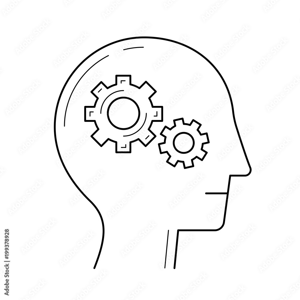 Brain with gear vector line icon isolated on white background. Brain activity line icon for infographic, website or app. Brain with gear vector line icon isolated on white background. Brain activity line icon for infographic, website or app.