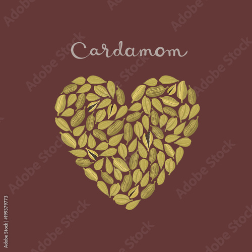 Cardamom pods in a heart shape on the maroon background
