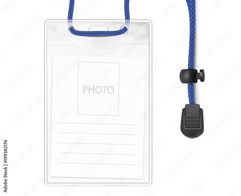 Badge with id card on the lace. Vector illustration isolated on white background. Ready template to use for for presentations, conferences, design. EPS10. Badge with id card on the lace. Vector illustration isolated on white background. Ready template to use for for presentations, conferences, design. EPS10.