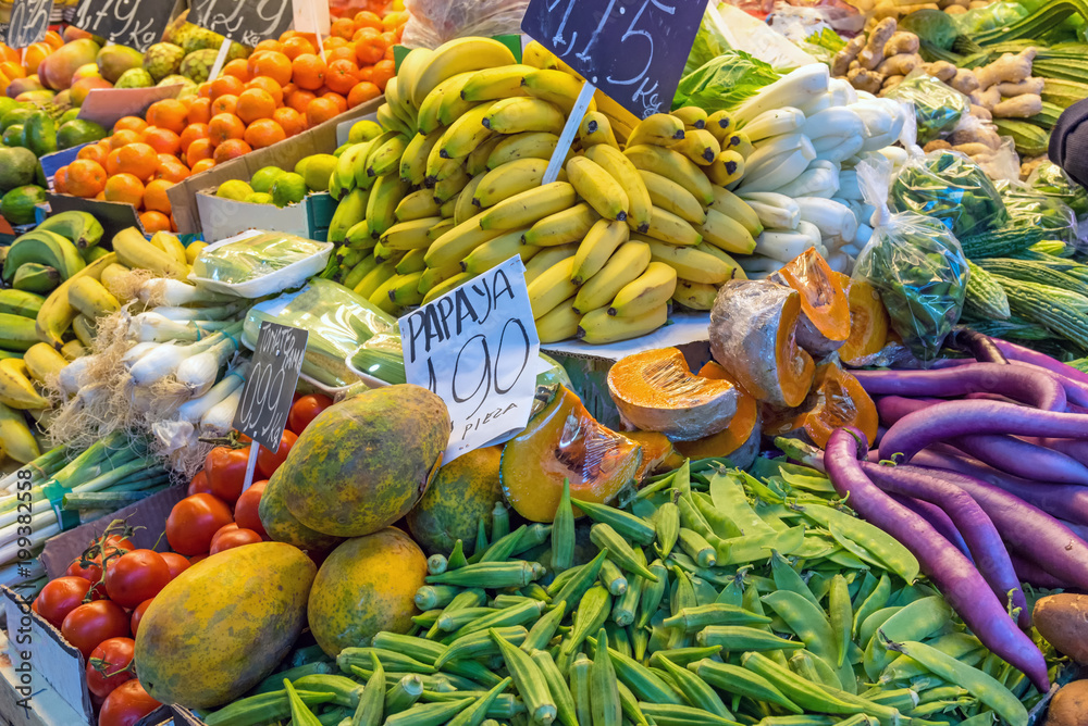 Fruits and vegetables for sale at a market in Santiago de Chile
