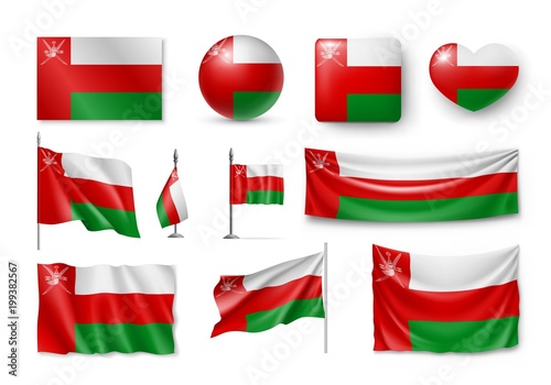 Set Oman flags, banners, banners, symbols, flat icon. Vector illustration of collection of national symbols on various objects and state signs