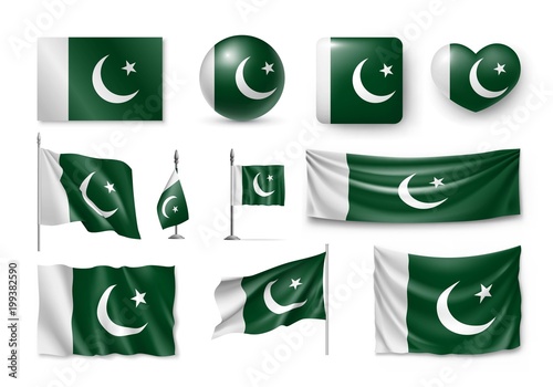 Set Pakistan flags, banners, banners, symbols, flat icon. Vector illustration of collection of national symbols on various objects and state signs