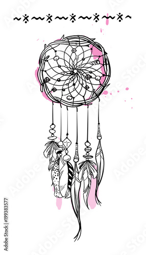 Vector illustration with hand drawn dream catcher with pink accents. Feathers and beads.