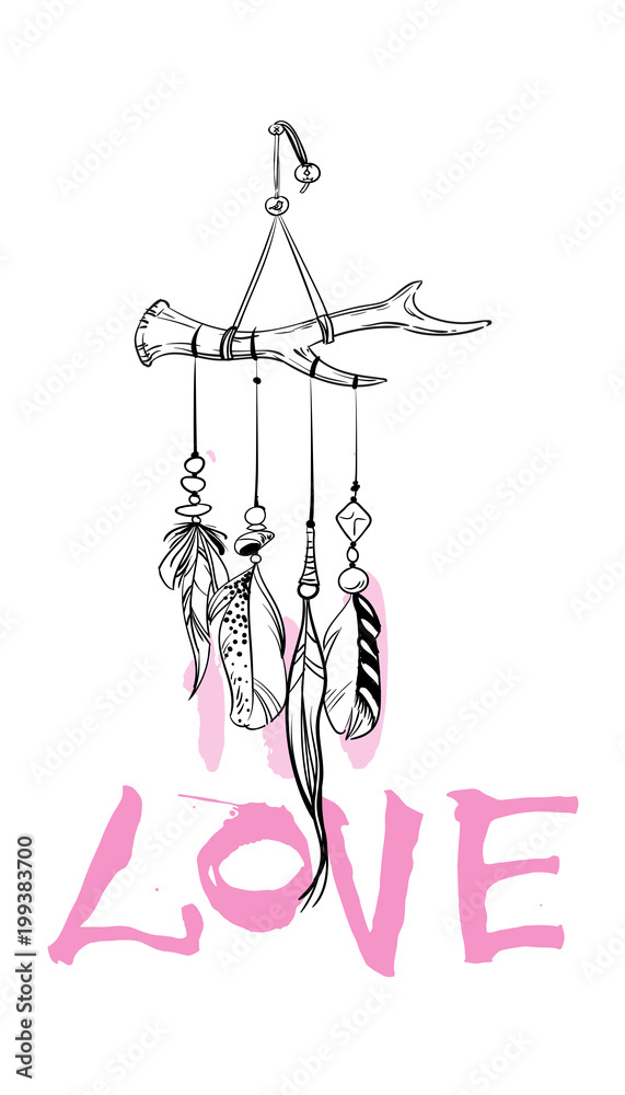 Vector illustration with hand drawn dream catcher with pink accent. Feathers and beads on the horn. Love lettering.