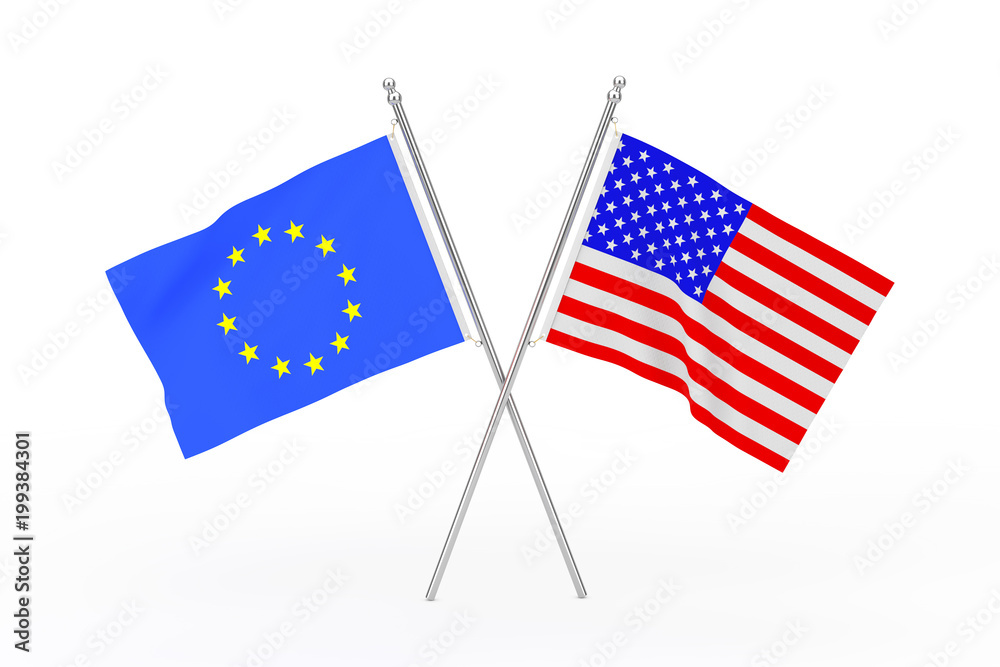 Fototapeta premium Crossed USA and European Union Flags. 3d Rendering